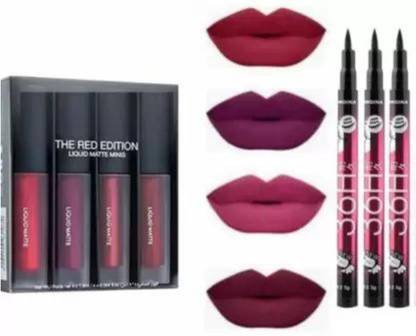 swenky Liquid Matte Lipsticks 4pc red edition plus 3 longlasting eyeliner (red, 33 g)
