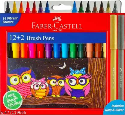 FABER-CASTELL 14 VIBRANT SHADES BRUSH PENS INCLUDE GOLDEN AND SILVER SUPER SOFT BRUSH TIP Nib Sketch Pens  with Washable Ink