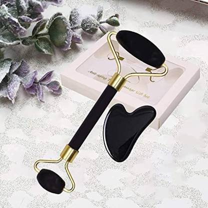 ACUCARE Black Obsidian Jade Facial Roller Black Obsidian Jade Facial Roller & Gua Sha Set 100% Natural Source Massager