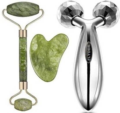 FLYDER 3D Y Shape Aluminium Microcurrent Face Platinum Roller Massager With Anti Aging 100% Natural Jade Facial Roller healing Slimming Massage