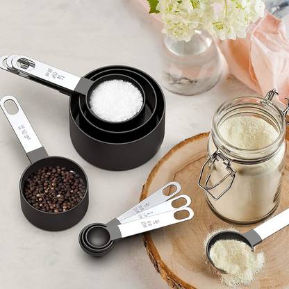 KitchenFest ® Plastic Measuring Cups and Spoons with Stainless Steel Handle, Rust Free Measuring Cup Set