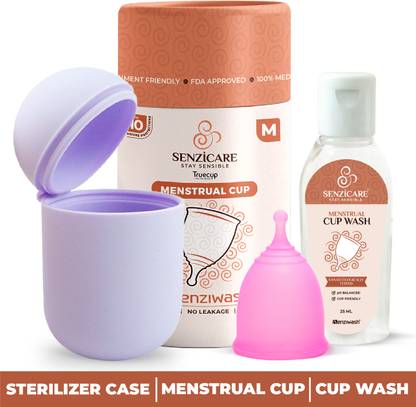 senziwash Sterilizer Case & Medium Truecup Reusable Menstrual Cup With Cupwash 25ml Combo|Portable Cleaning Container & Microwave Steamer