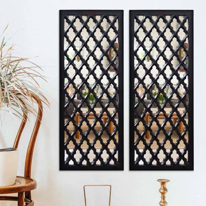 Timberly Decorative Hand Crafted Wooden Wall Mirror Panel for Living Room | Modern Wall Panels | Wall Decor - Pack of 2 (30 x 12 inch, Black) Decorative Mirror