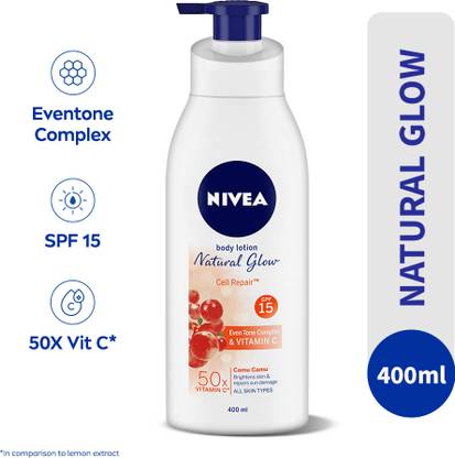 NIVEA Natural Glow, Cell Repair Brightens Skin, 50x Vitamin C Body Lotion with SPF 15