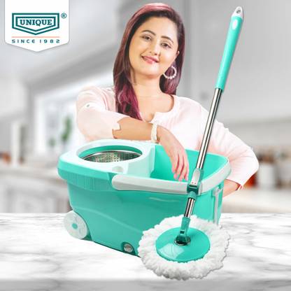 UNIQUE Spin mop Bucket Mop steel Wringer 1 floor magic mop stick & 2 Refill Absorbers Mop Set