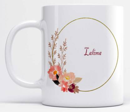 Name Lalima Printed Light Pink Flower Design Ceramic Coffee Mug