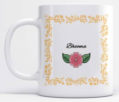 LOROFY Name Bhooma Printed Orange Frame Design White Ceramic Coffee Mug