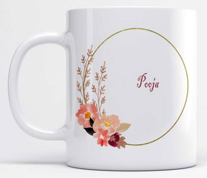 Name Pooja Printed Light Pink Flower Design Ceramic Coffee Mug