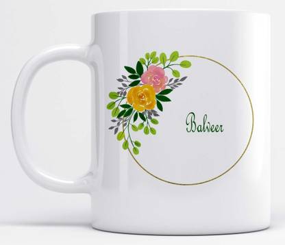 Name Balveer Printed Leaves And Flower Design Ceramic Coffee Mug