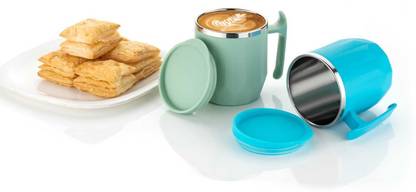 MAGICSPOON Stainless Steel Coffee with Lid (300 ml) (Pack of 2) ( Pista, Sky Blue) Stainless Steel Coffee Mug