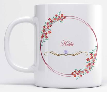 Name Keshi Printed Floral and Leaves Design White Ceramic Coffee Mug