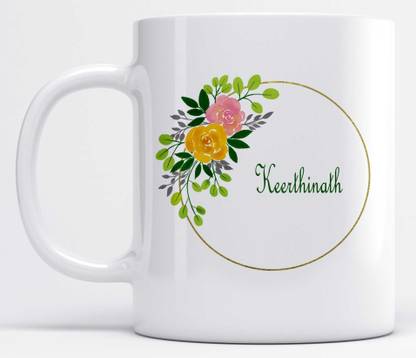 LOROFY Name Keerthinath Printed Leaves And Flower Design Ceramic Coffee Mug