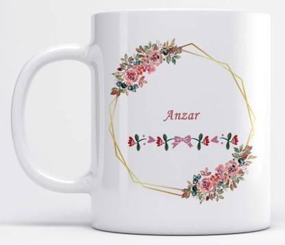 LOROFY Name Anzar Printed Pink Floral Design White Ceramic Coffee Mug