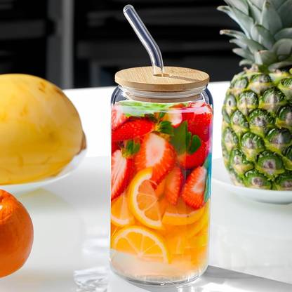 TINSUHG Glass Fruit Juice Milk Sipper Tumbler with Lid and Glass Straw Glass Coffee Mug