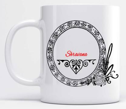 LOROFY Name Shravana Printed Black Floral Design White Ceramic Coffee Mug