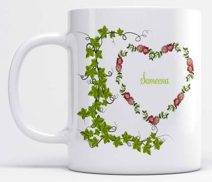 Name Sameena Printed Green Leaves And Heart Design Ceramic Coffee Mug
