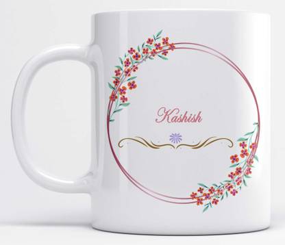 Name Kashish Printed Floral and Leaves Design White Ceramic Coffee Mug