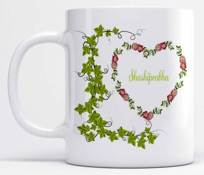 LOROFY Name Shashiprabha Printed Green Leaves And Heart Design Ceramic Coffee Mug