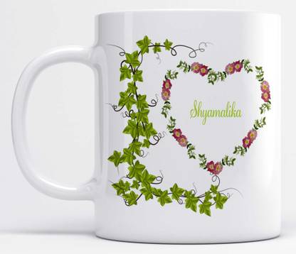 Name Shyamalika Printed Green Leaves And Heart Design Ceramic Coffee Mug