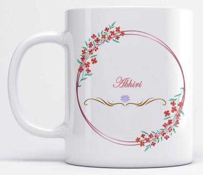 LOROFY Name Abhiri Printed Floral and Leaves Design White Ceramic Coffee Mug