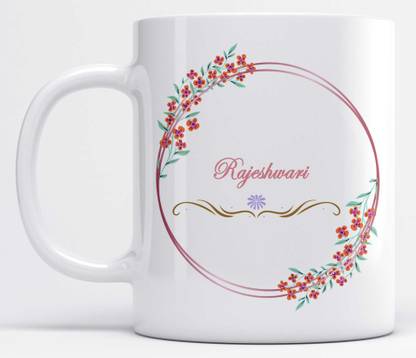 Name Rajeshwari Printed Floral and Leaves Design White Ceramic Coffee Mug