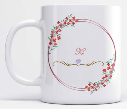 Name Ki Printed Floral and Leaves Design White Ceramic Coffee Mug