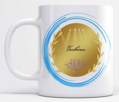 LOROFY Name Vaishnavi Printed Blue Gold Circle Design Ceramic Coffee Mug