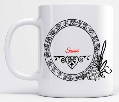 LOROFY Name Suvas Printed Black Floral Design White Ceramic Coffee Mug