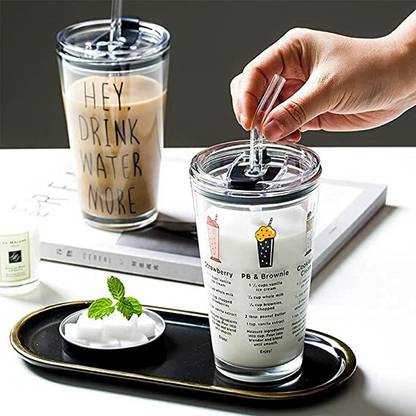 S1Store (Pack of 4) Mug with Straw and lid Coffee Cup Sipper Glass with Straw Tumbler (400 ml) Glass Set Water/Juice Glass