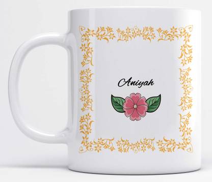 LOROFY Name Aniyah Printed Orange Frame Design White Ceramic Coffee Mug