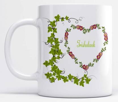 Name Trishulank Printed Green Leaves And Heart Design Ceramic Coffee Mug