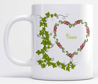 Name Vaanee Printed Green Leaves And Heart Design Ceramic Coffee Mug