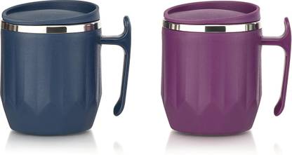 MAGICSPOON Stainless Steel Coffee with Lid (300 ml) (Pack of 2) (Navy Blue, Maroon) Stainless Steel Coffee Mug