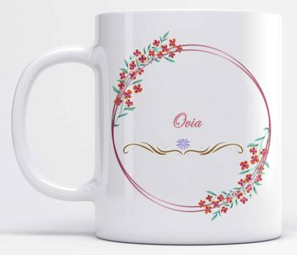 Name Ovia Printed Floral and Leaves Design White Ceramic Coffee Mug