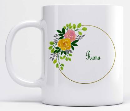 Name Ruma Printed Leaves And Flower Design Ceramic Coffee Mug