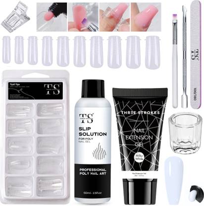 THR3E STROKES Nail Extension Kit Milky White with Gel Brush & Slip Solution Nail Art Kit
