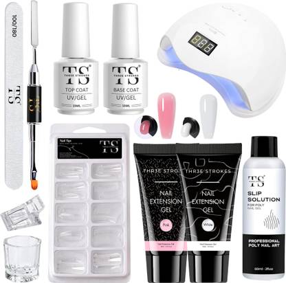 THR3E STROKES Nail Extension Kit White, Pink - Top & Base Coat & UV Lamp Dryer Nail Art Kit