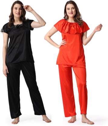 Women Self Design Black, Red Top & Pyjama Set