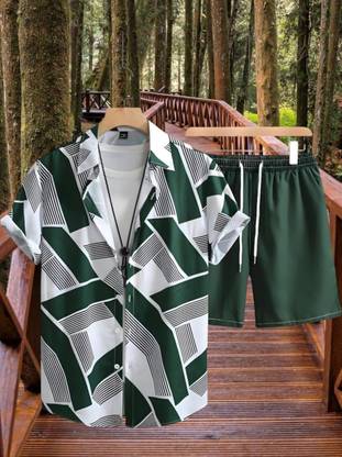 Men Printed Green, White Top & Shorts Set