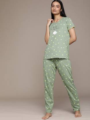 Women Night Suit Set Green Printed