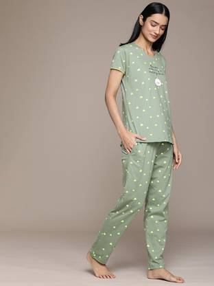 Women Night Suit Set Green Printed