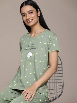 Women Night Suit Set Green Printed