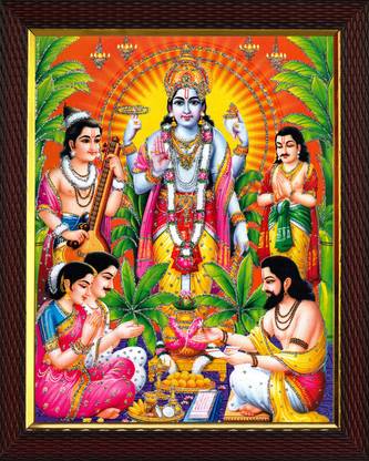 Cherriee Satya Narayan photo frame | Lord Vishnu Sparkle Coated Painting 10 inch x14 inch Digital Reprint 14 inch x 10 inch Painting