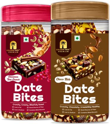 Golden Tree Combo of 2 Premium Choco Nuts & Cinnamon Rose Crunch Date Bites/Khajur Barfi Almonds, Cashews, Pistachios, Dates