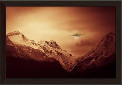 Artzfolio UFO Hovering Over Snow Covered Mountains Painting Dark Brown Frame 20.8x14inch Canvas 14 inch x 20.8 inch Painting
