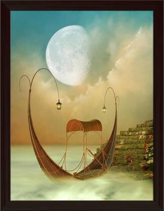 Artzfolio Fantasy Landscape With Boat Canvas Painting Dark Brown Frame 12x15.7inch Canvas 15.7 inch x 12 inch Painting