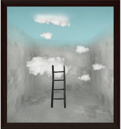 Artzfolio Surreal Room With Wooden Ladder & Clouds Painting Dark Brown Frame 20x21.7inch Canvas 21.7 inch x 20 inch Painting