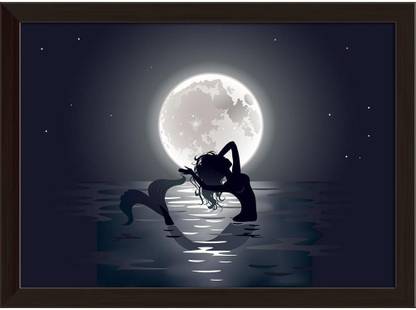 Artzfolio Mermaid Singing At Night Canvas Painting Dark Brown Frame 22.2x16inch (56x41cms) Canvas 16 inch x 22.2 inch Painting