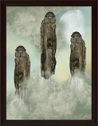 Artzfolio Fantasy Landascape With Temples Canvas Painting Dark Brown Frame 12x15.7inch Canvas 15.7 inch x 12 inch Painting