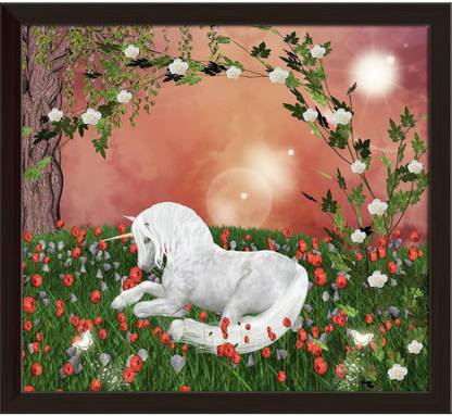 Artzfolio Beautiful Unicorn Canvas Painting Dark Brown Frame 22.1x20inch (56x51cms) Canvas 20 inch x 22.1 inch Painting